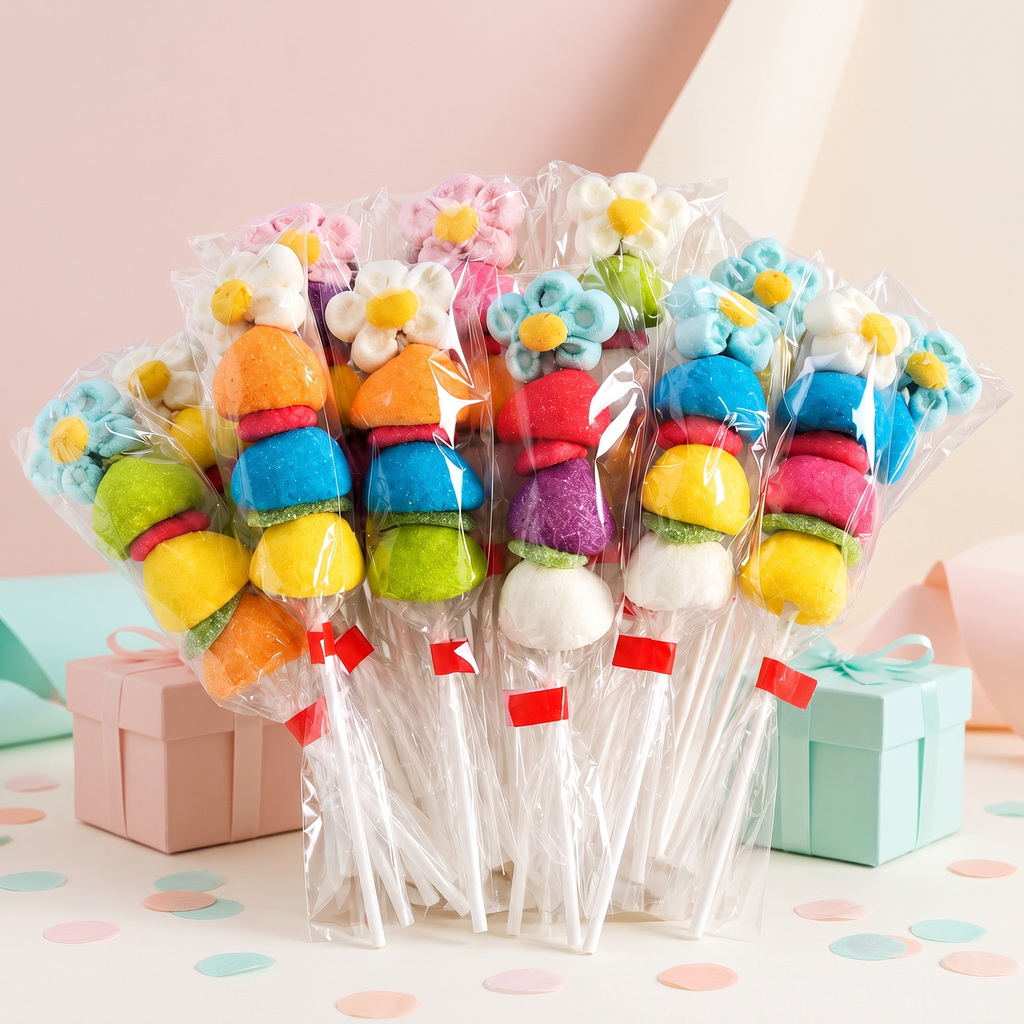 Brochetas de chuches de flores sin gluten para cumpleaños – Happy Chuches