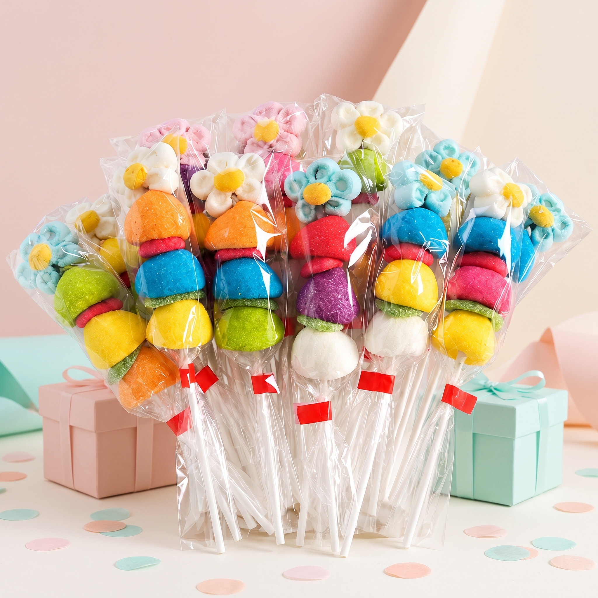Brochetas de chuches de flores sin gluten para cumpleaños – Happy Chuches
