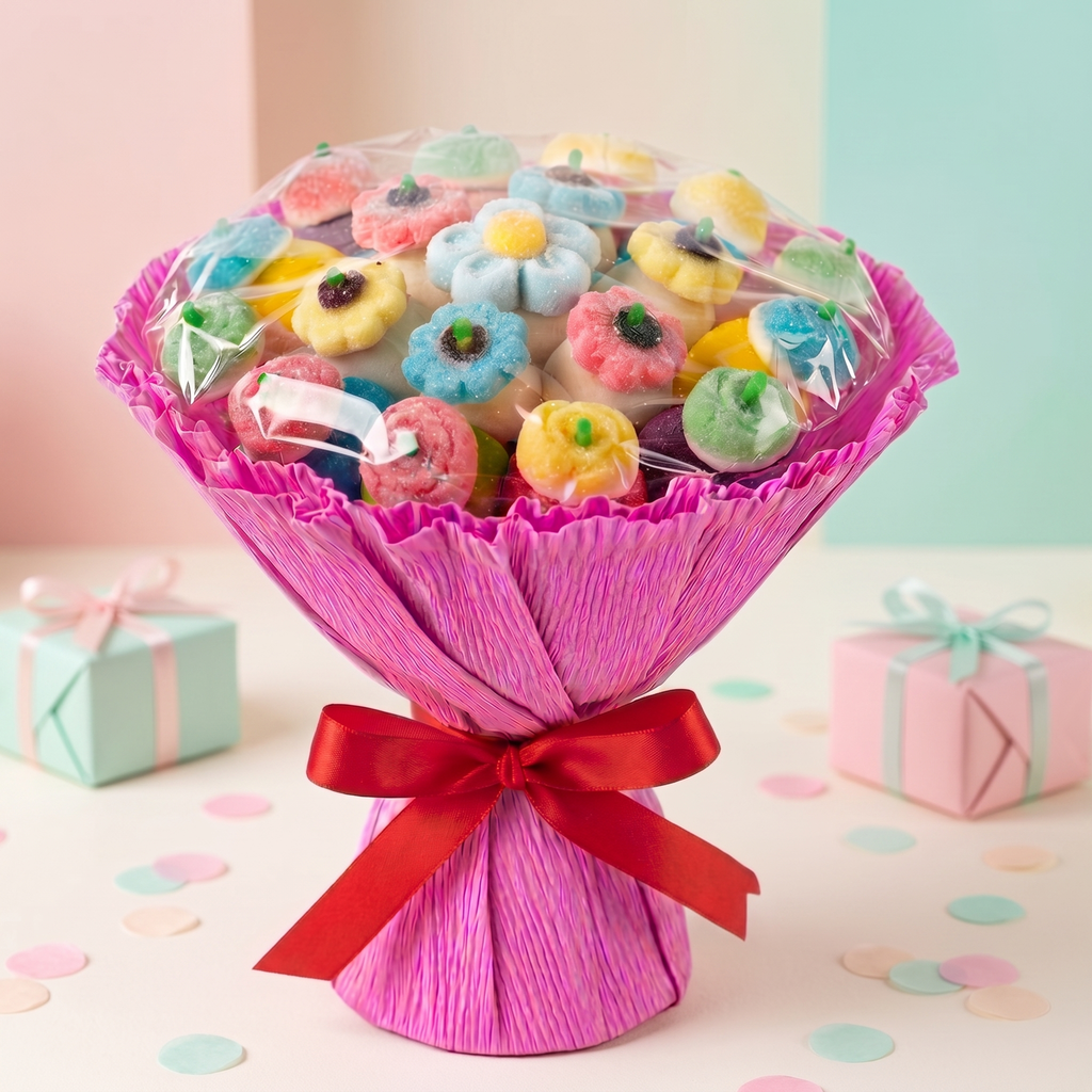 Ramo de chuches mediano sin gluten para regalo y cumpleaños – Happy Chuches