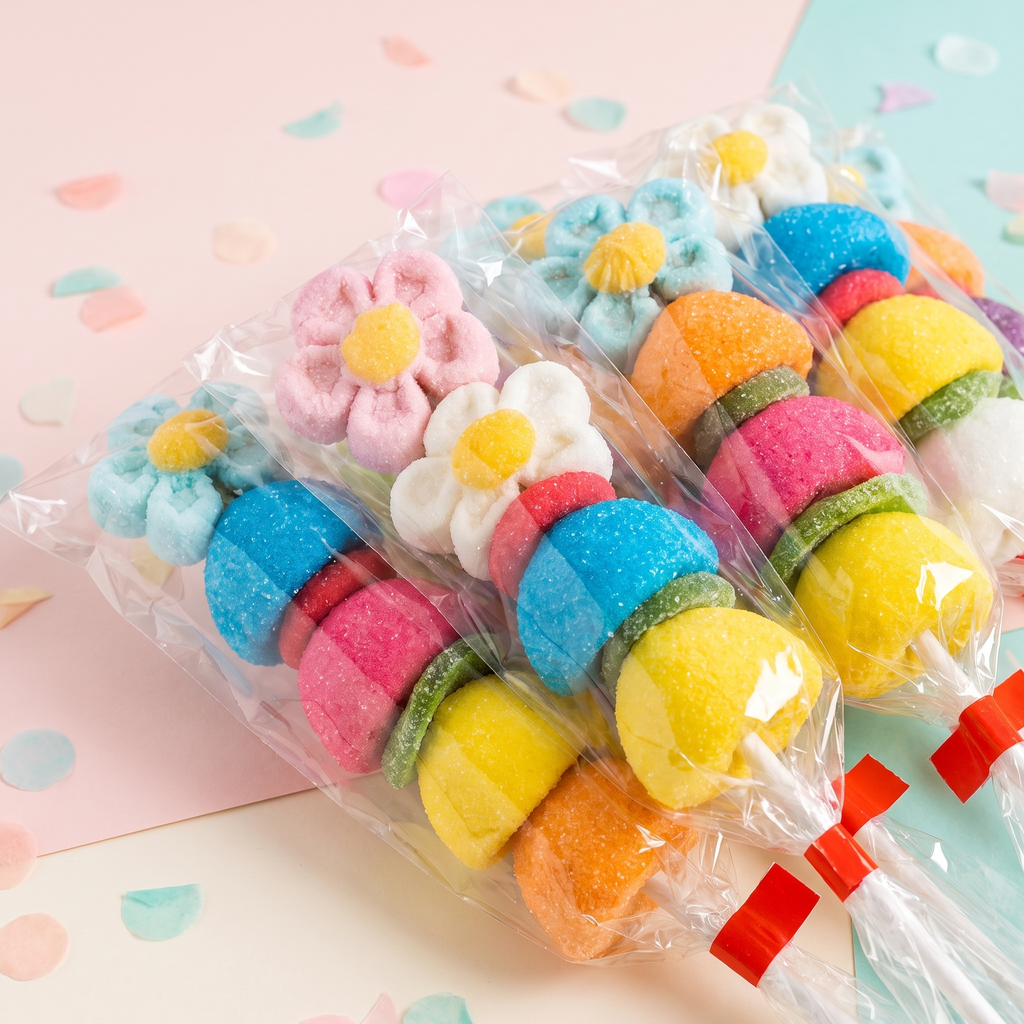 Detalle de las flores de gominola de las brochetas – Happy Chuches