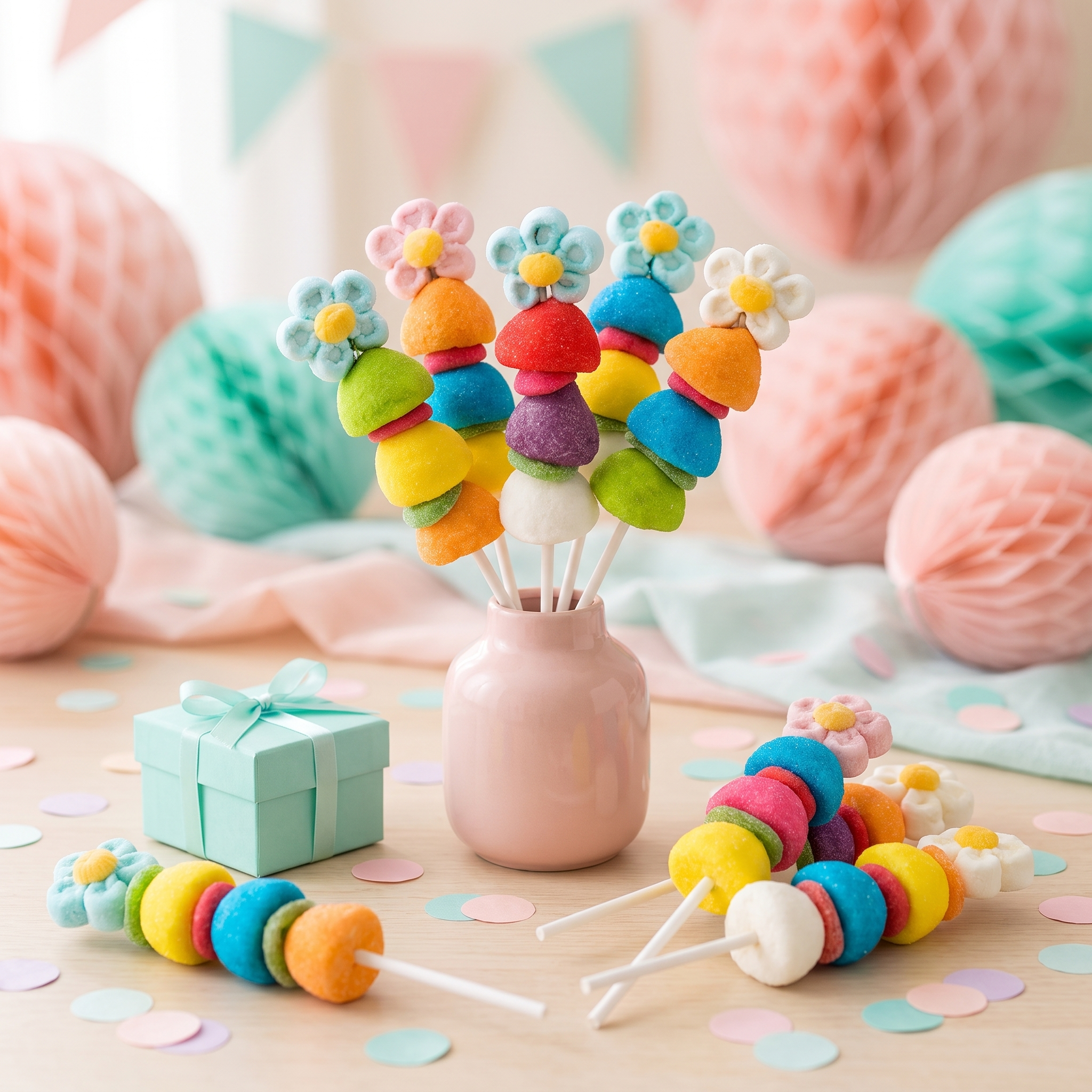 Brochetas de chuches en jarrón rosa, ambiente de cumpleaños – Happy Chuches