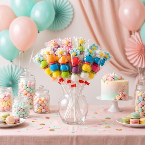 Brochetas de chuches en mesa dulce de cumpleaños – Happy Chuches