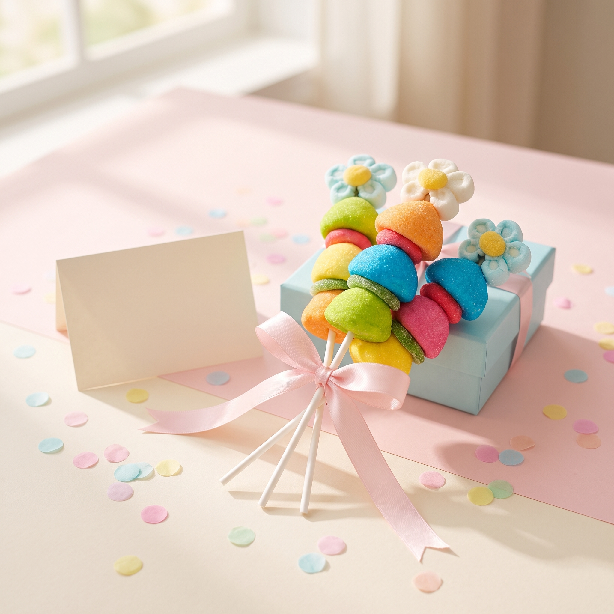 Brochetas de chuches presentadas como regalo – Happy Chuches