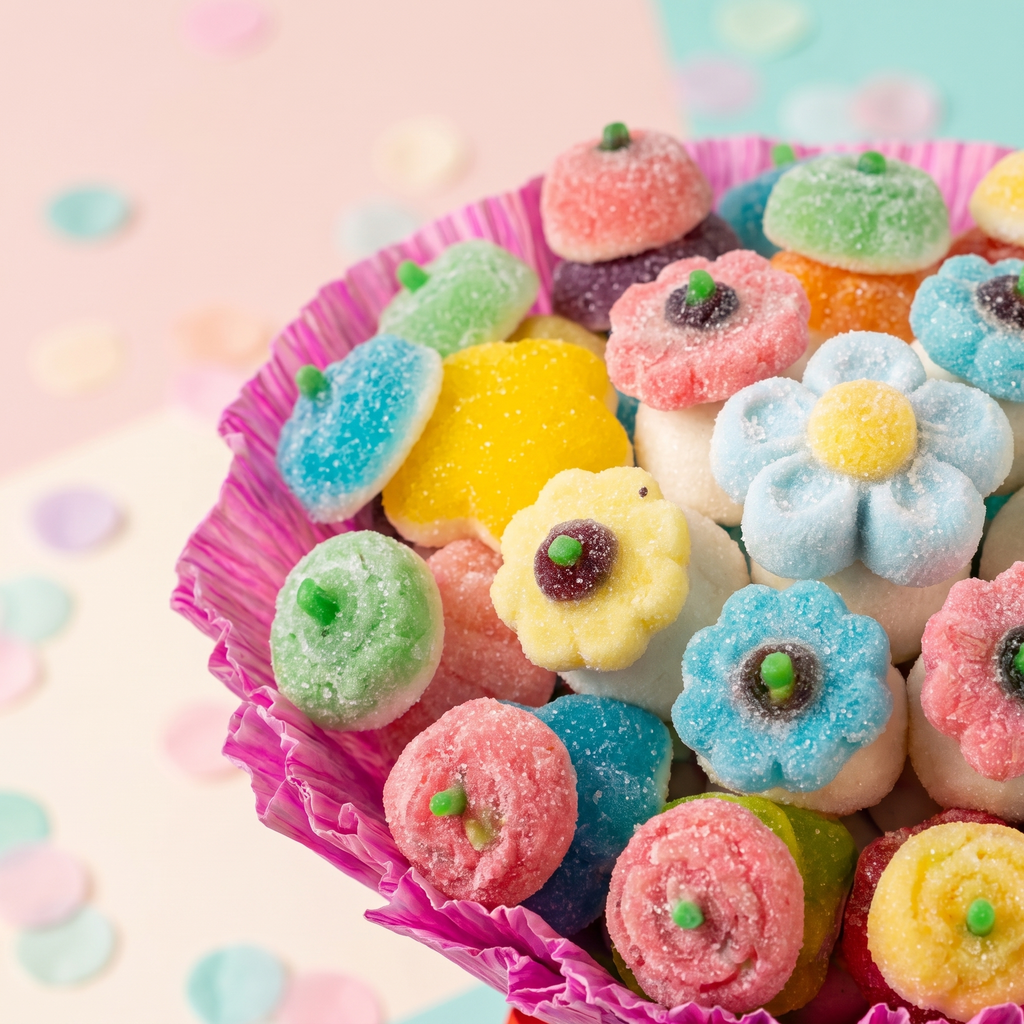 Detalle de las flores de gominola del ramo de chuches – Happy Chuches