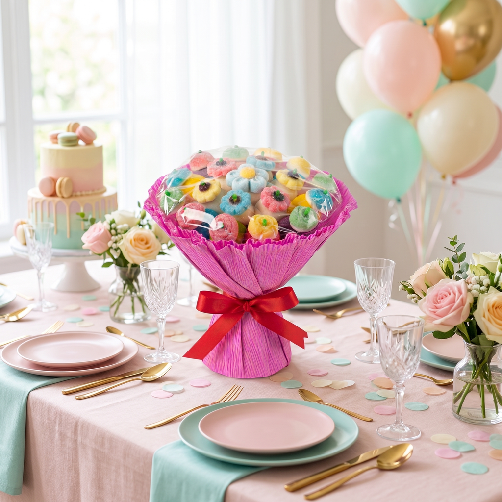 Ramo de chuches en mesa dulce de cumpleaños – Happy Chuches