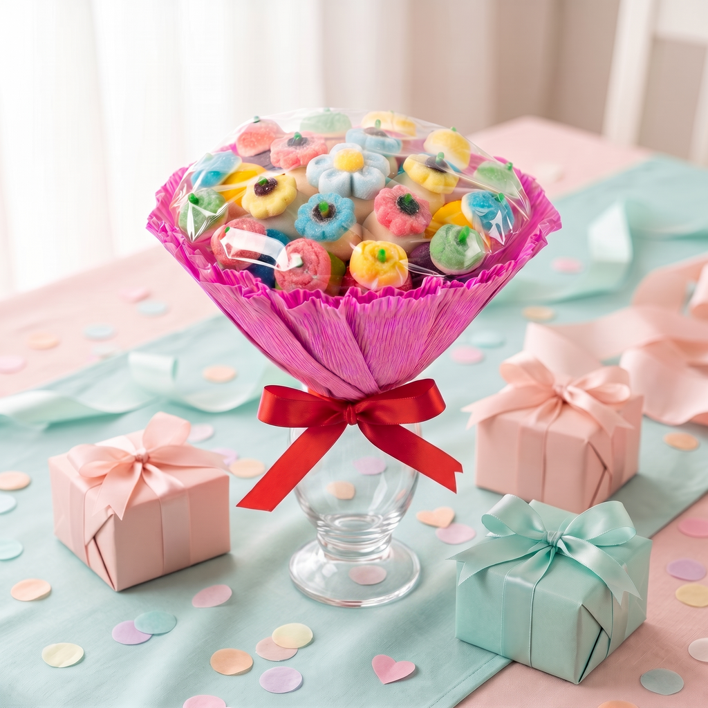 Ramo de chuches en jarrón de cristal, ambiente de celebración – Happy Chuches