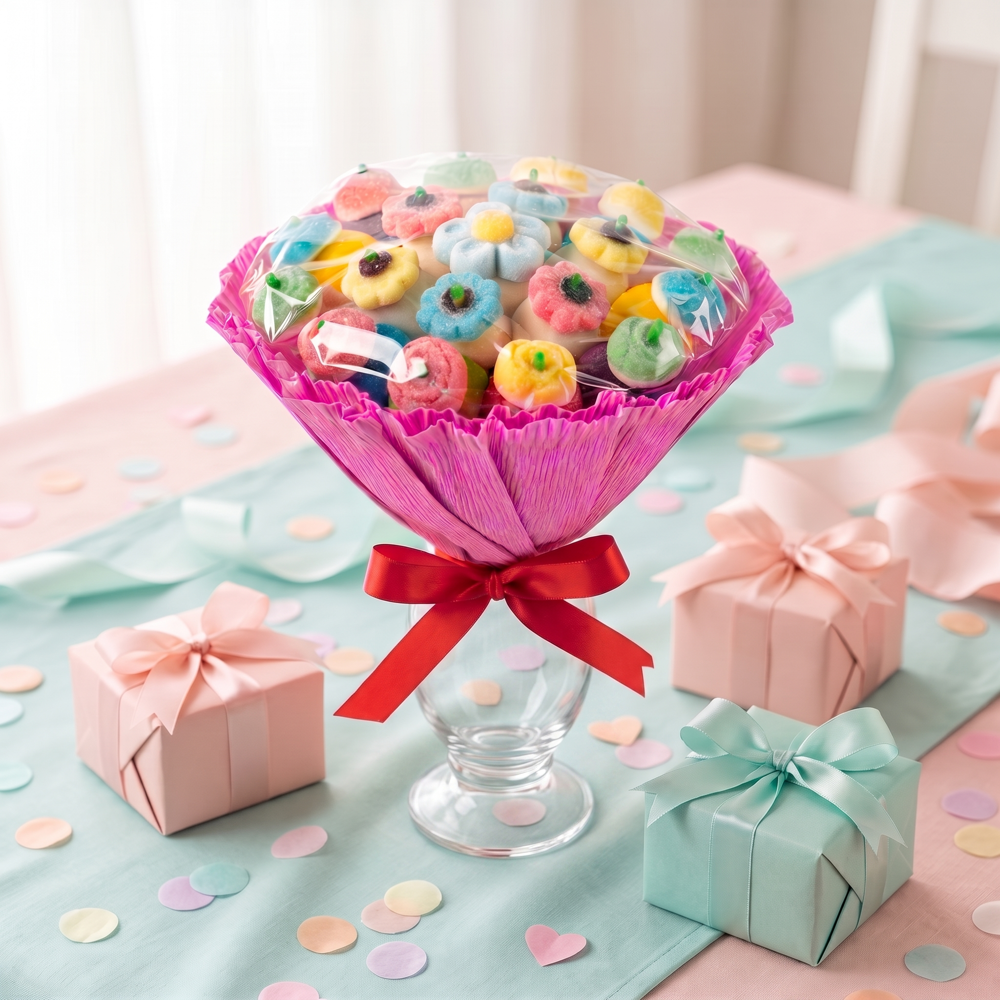 Ramo de chuches en jarrón de cristal, ambiente de celebración – Happy Chuches