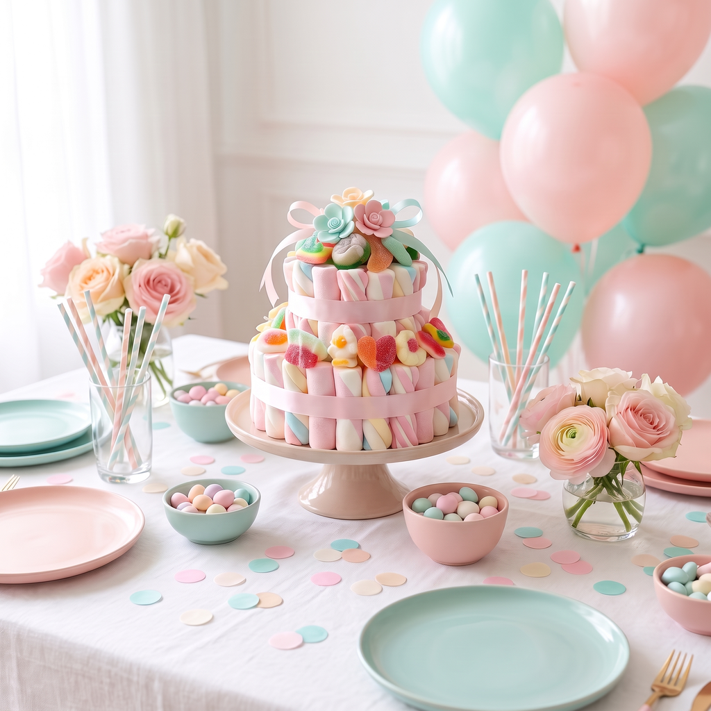 Tarta de chuches en mesa dulce de cumpleaños – Happy Chuches
