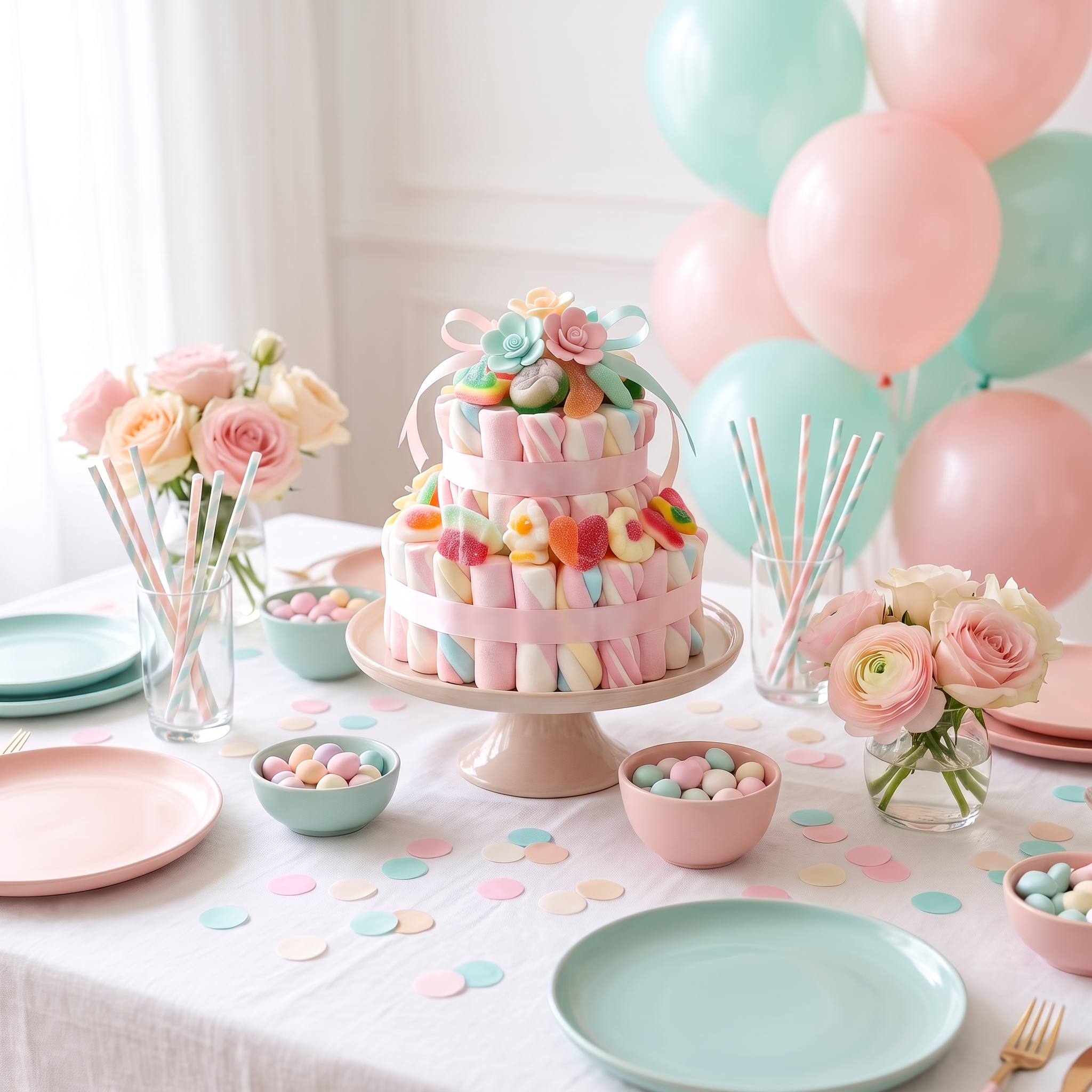 Tarta de chuches en mesa dulce de cumpleaños – Happy Chuches