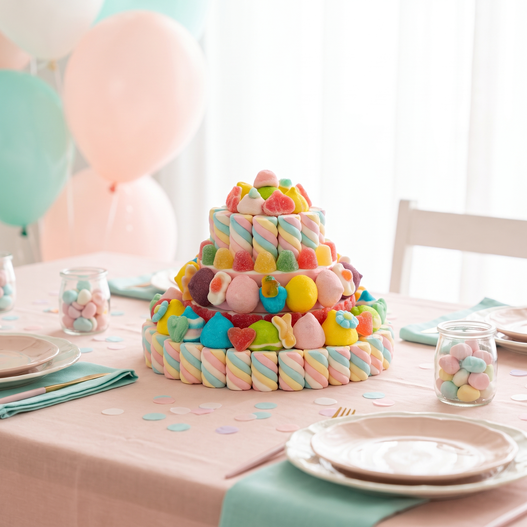 Tarta de chuches grande en mesa dulce de cumpleaños – Happy Chuches