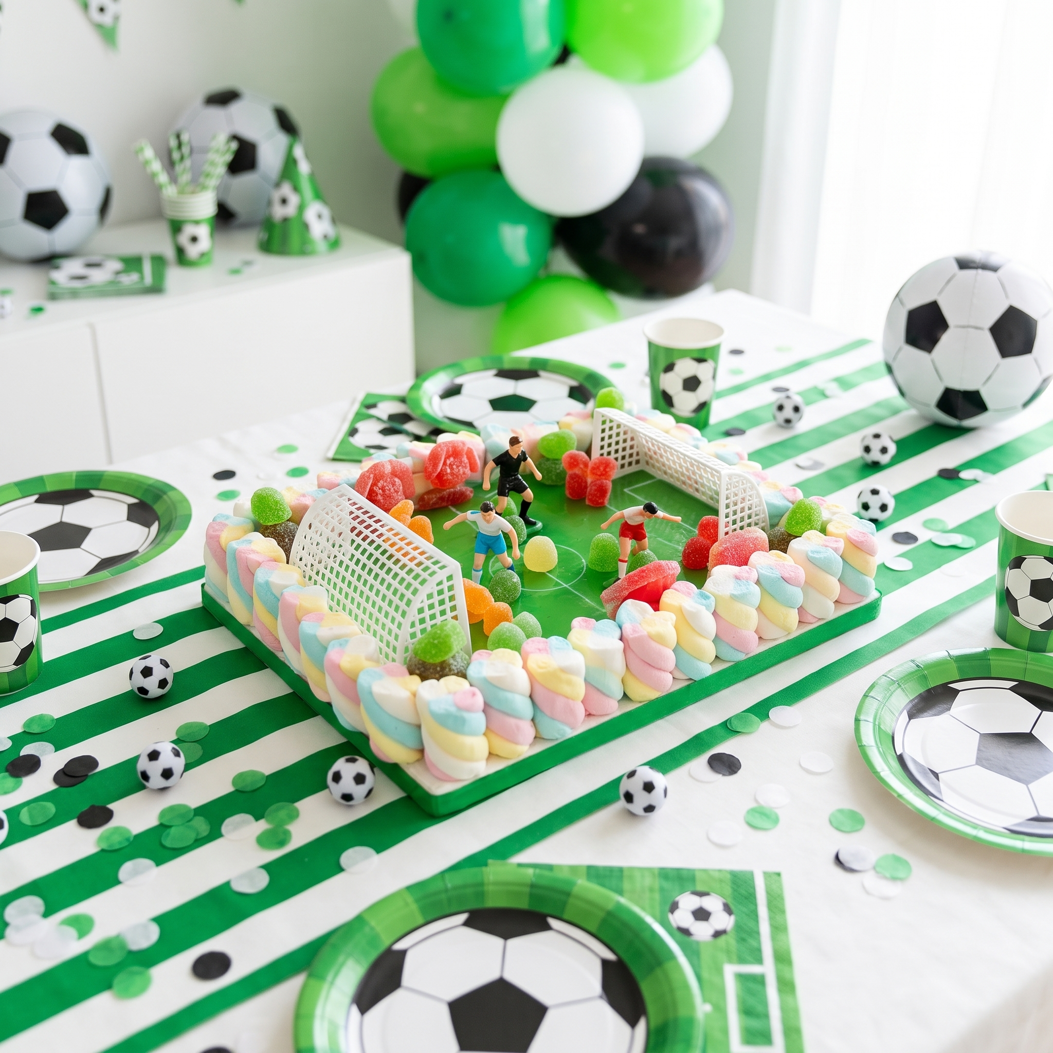 Tarta de chuches de fútbol en mesa de cumpleaños deportivo – Happy Chuches