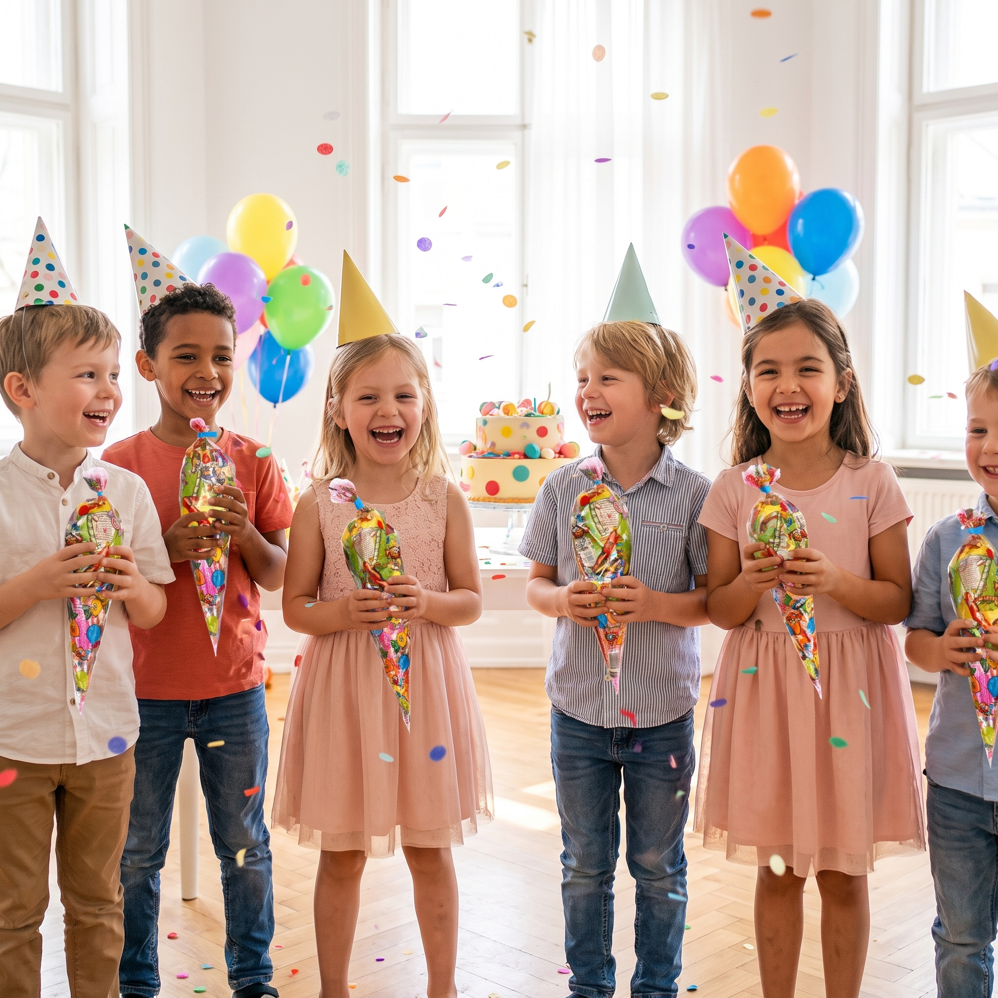 Niños felices en un cumpleaños con los conos de chuches – Happy Chuches