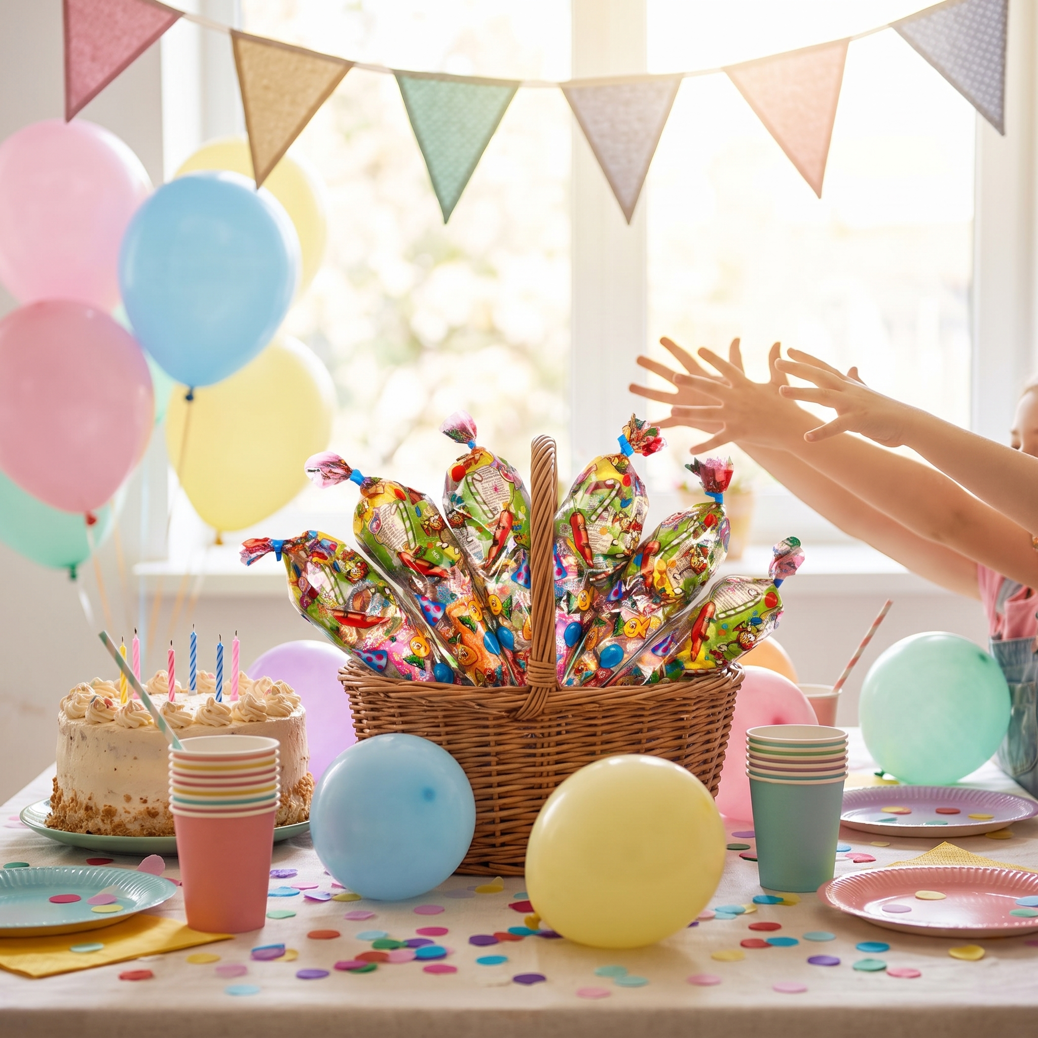 Cesta de conos de chuches en mesa de fiesta de cumpleaños – Happy Chuches
