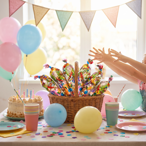 Cesta de conos de chuches en mesa de fiesta de cumpleaños – Happy Chuches