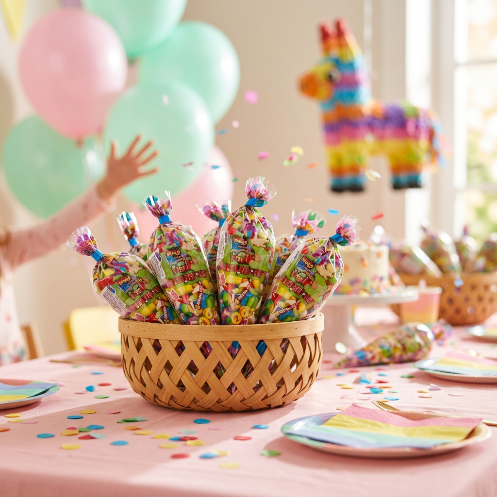Conos de chuches junto a piñata en fiesta de cumpleaños – La Casa de los Deseos