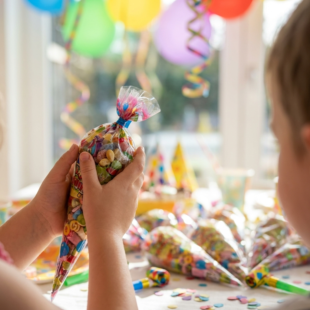 Niño sujetando un cono de chuches en su cumpleaños – La Casa de los Deseos