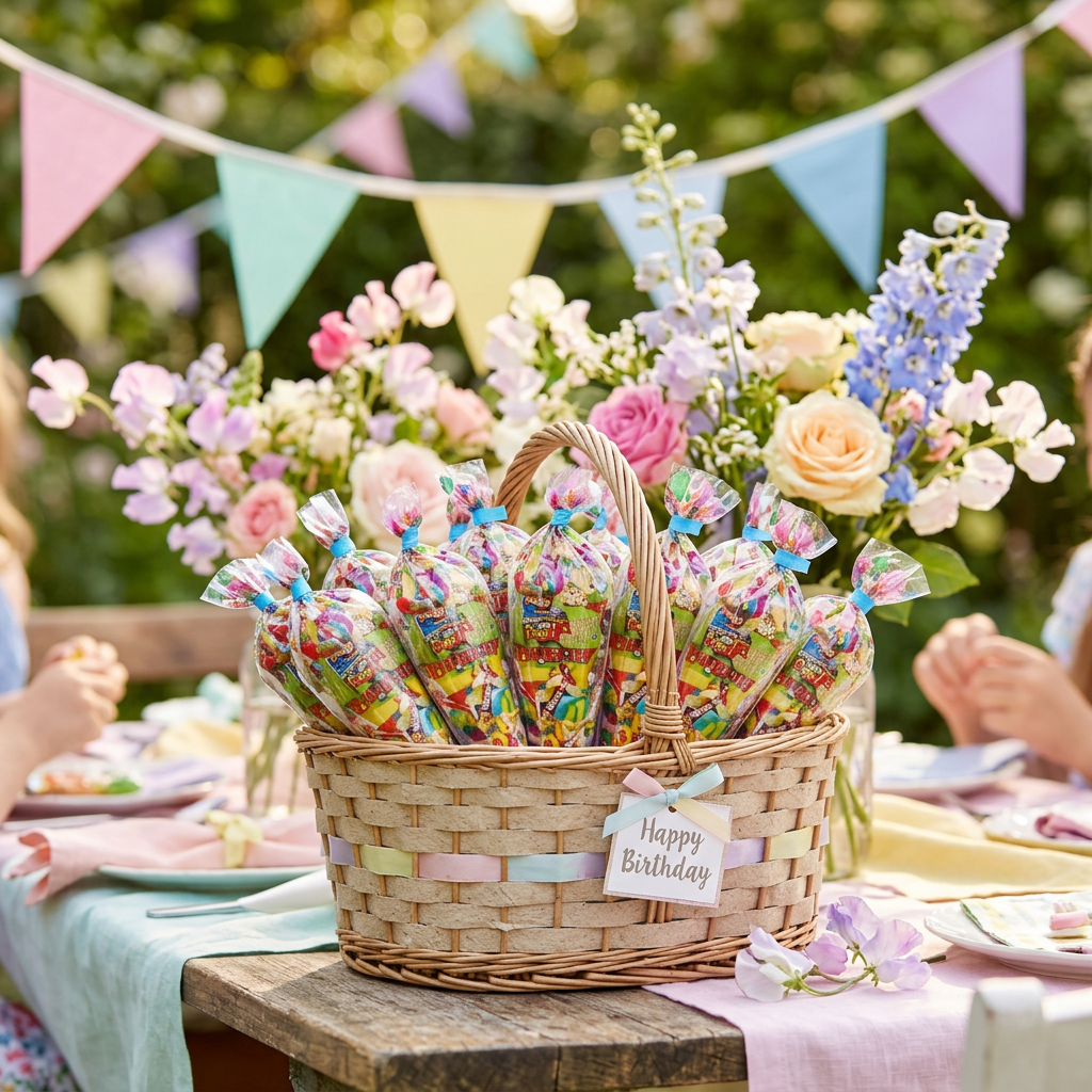 Cesta con conos de chuches en fiesta de jardín infantil – La Casa de los Deseos