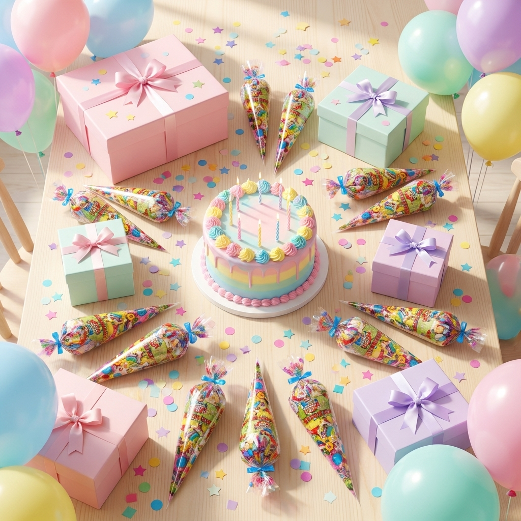 Vista cenital de mesa de cumpleaños con conos de chuches y tarta – La Casa de los Deseos
