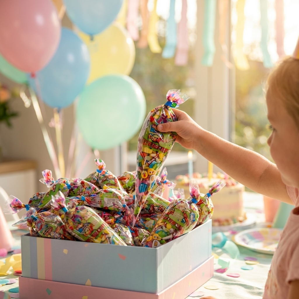Niño cogiendo un cono de chuches en una fiesta infantil – La Casa de los Deseos
