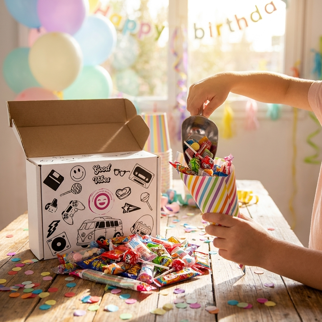 Niño llenando un cucurucho de chuches en un cumpleaños – La Casa de los Deseos