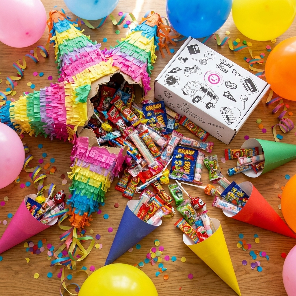 Mesa de piñata infantil con chuches surtidas y cucuruchos – La Casa de los Deseos