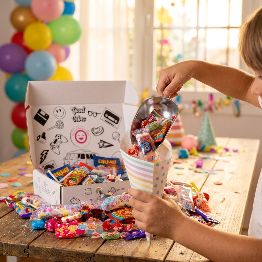 Niño llenando un cucurucho de chuches en un cumpleaños – La Casa de los Deseos