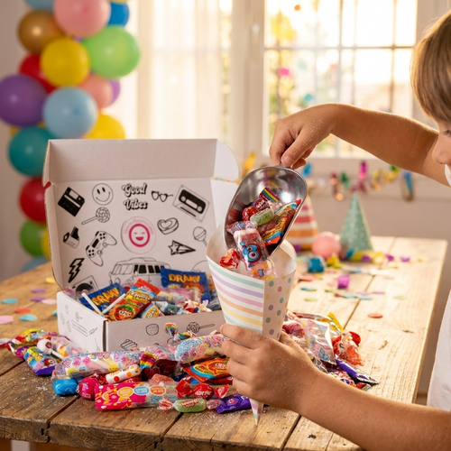 Niño llenando un cucurucho de chuches en un cumpleaños – La Casa de los Deseos