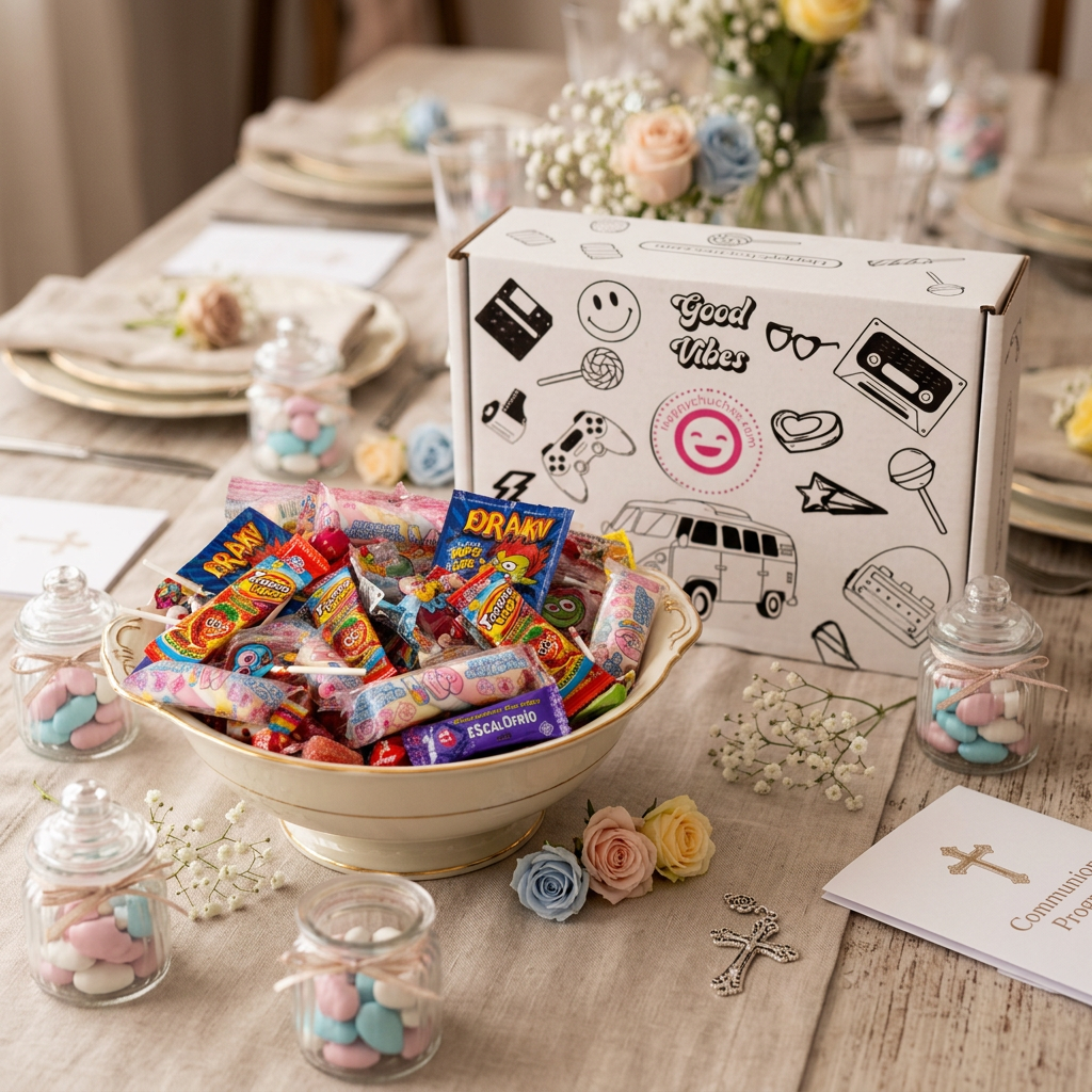 Mesa de comunión con chuches surtidas en bol decorativo – La Casa de los Deseos