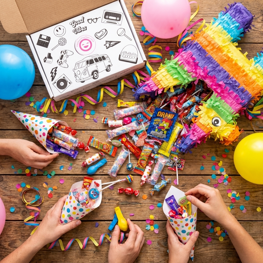 Mesa de piñata infantil con chuches surtidas y cucuruchos – La Casa de los Deseos