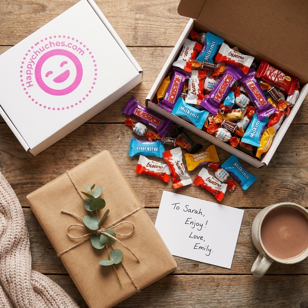 Caja de mini chocolatinas presentada como regalo junto a una tarjeta – La Casa de los Deseos