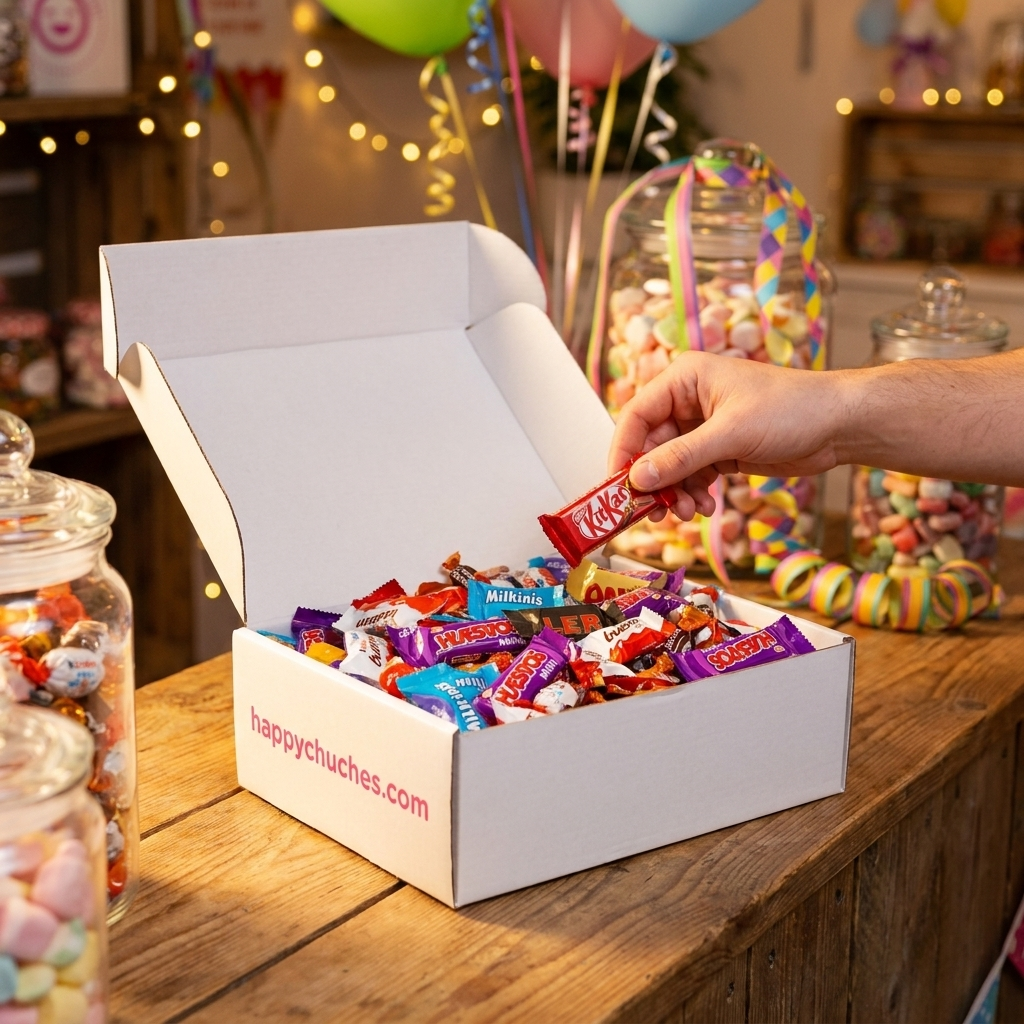 Mano cogiendo una mini chocolatina de la caja surtida – La Casa de los Deseos